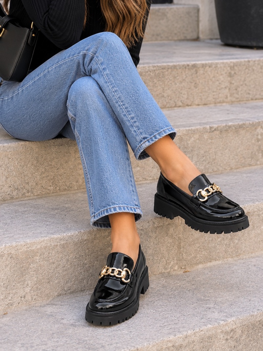 Black Patent Chunky Loafers Gold Chain Lug Sole Size 7